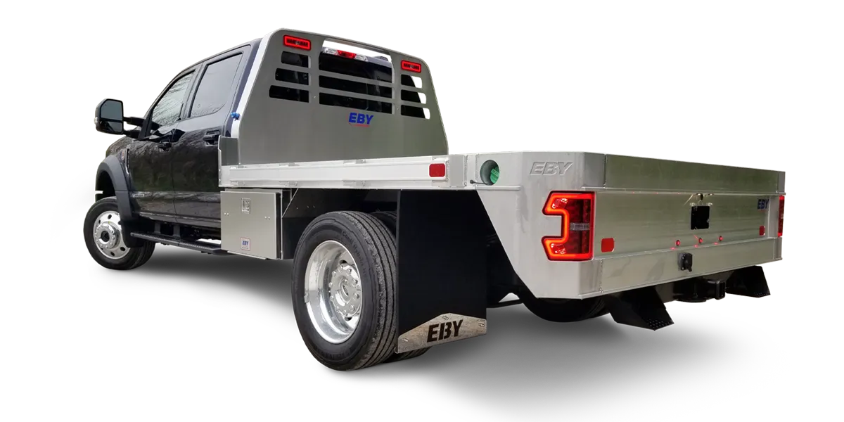 EBY Big Country aluminum flatbed body showing the open flatbed and rear of the truck