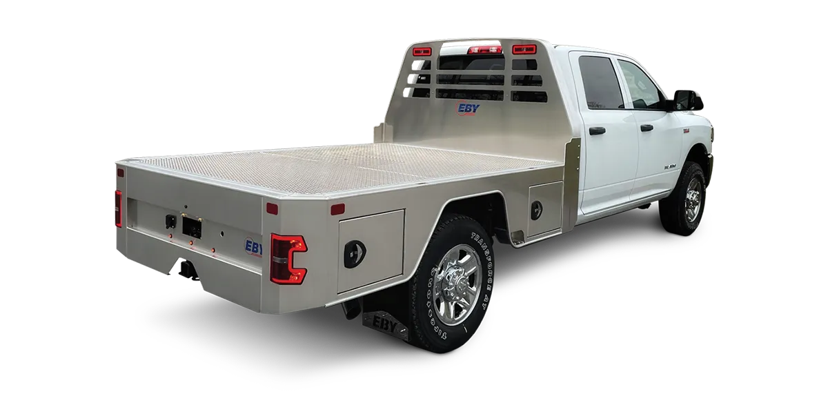 EBY Free Country aluminum flatbed towing body on a Ram truck