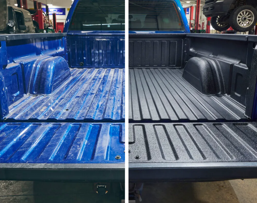 Truck bed before and after Raptor spray-in liner